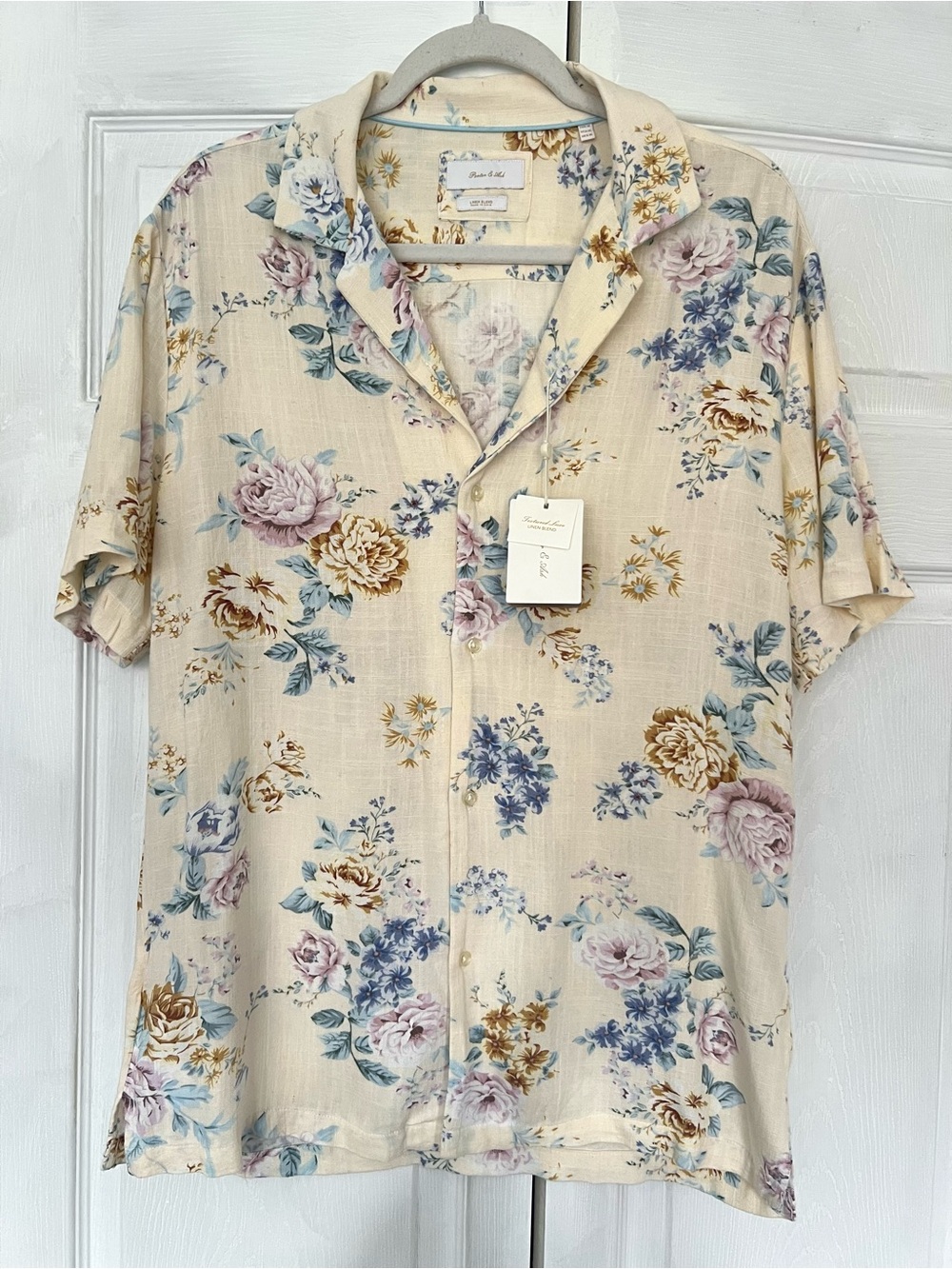 Porter & Ash Floral Print Men’s Short-Sleeve Button-Up Linen Blend Shirt, M